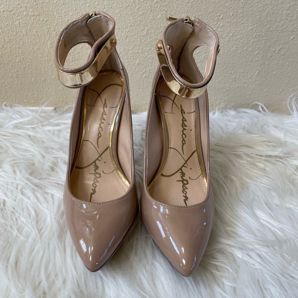 Patent Nude Jessica Simpson Pumps with Gold Ankle Cuff & Zipper Heel Detail